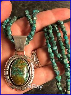 Vintage Navajo Florence Tahe Sterling Silver Turquoise Pendant Necklace 925