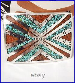 Vintage Navajo Handmade Sterling & Turquoise/coral Chip Inlay Belt Buckle