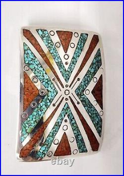 Vintage Navajo Handmade Sterling & Turquoise/coral Chip Inlay Belt Buckle