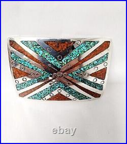 Vintage Navajo Handmade Sterling & Turquoise/coral Chip Inlay Belt Buckle