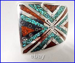 Vintage Navajo Handmade Sterling & Turquoise/coral Chip Inlay Belt Buckle