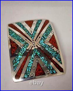 Vintage Navajo Handmade Sterling & Turquoise/coral Chip Inlay Belt Buckle