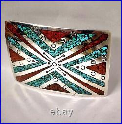 Vintage Navajo Handmade Sterling & Turquoise/coral Chip Inlay Belt Buckle