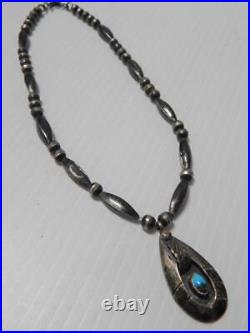 Vintage Navajo Indian Sterling Silver Beads Turquoise Pendant Necklace
