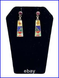 Vintage Navajo Inlaid 950 Sterling Dangling Earrings Red Coral Lapis Malachite
