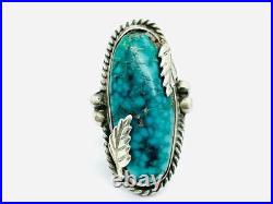 Vintage Navajo Long Turquoise Sterling Silver Applique Work Ring
