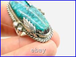 Vintage Navajo Long Turquoise Sterling Silver Applique Work Ring