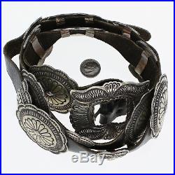 Vintage Navajo Native American Concho Belt Sterling Silver Floral Black Leather