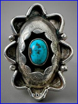 Vintage Navajo Native American Sterling Silver Kingman Turquoise Shadowbox Ring