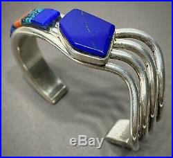 Vintage Navajo Native American Sterling Silver Multi Stone Inlay Cuff Bracelet