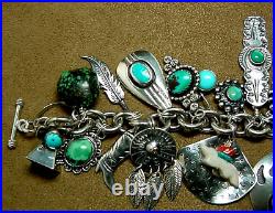 Vintage Navajo+ Native American Sterling Silver Turquoise 25+ Charm Bracelet