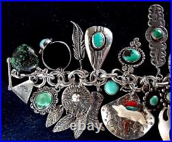 Vintage Navajo+ Native American Sterling Silver Turquoise 25+ Charm Bracelet