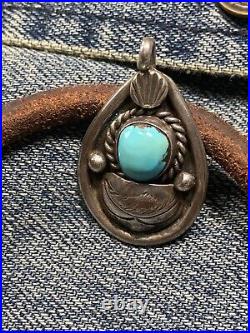 Vintage Navajo Old Pawn Turquoise 3D Sterling Silver Pendant Signed M