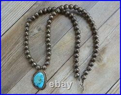 Vintage Navajo Pearls Turquoise Bead Pendant Necklace Sterling Silver 21.5 Inch