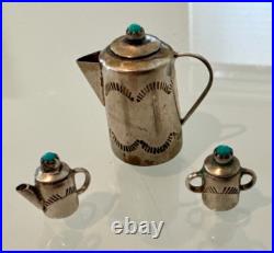 Vintage Navajo RRW Sterling Silver & Turquoise Miniature Tea Set Artisan Metal Vintage Navajo RRW Sterling Silver & Turquoise Miniature Tea Set Artisan Metal