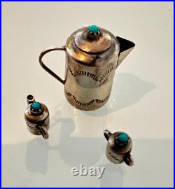 Vintage Navajo RRW Sterling Silver & Turquoise Miniature Tea Set Artisan Metal Vintage Navajo RRW Sterling Silver & Turquoise Miniature Tea Set Artisan Metal