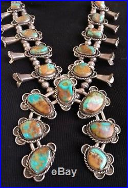 Vintage Navajo Royston Turquoise Sterling Silver Squash Blossom Necklace-signed