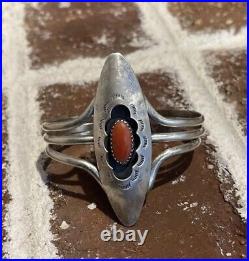 Vintage Navajo Signed F. G Fred Guerro Coral Sterling Silver Cuff Bracelet -1970