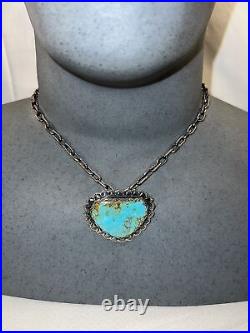 Vintage Navajo Signed Sterling Silver Large Turquoise Pendant Necklace