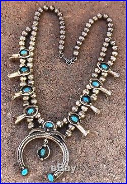 Vintage Navajo Sleeping Beauty Turquoise Sterling Silver Squash Blossom Necklace