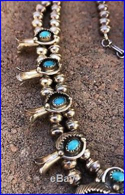 Vintage Navajo Sleeping Beauty Turquoise Sterling Silver Squash Blossom Necklace