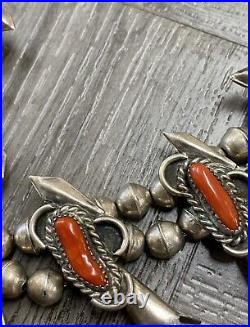 Vintage Navajo Squash Blossom Necklace Blood Coral + Sterling Silver