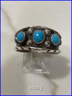 Vintage Navajo Sterling Silver 3-Stone Turquoise Ring Size 11