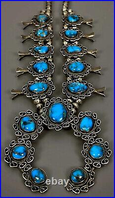 Vintage Navajo Sterling Silver Bisbee Turquoise Squash Blossom Necklace STUNNING