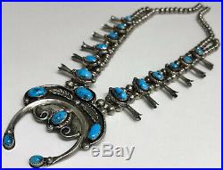 Vintage Navajo Sterling Silver Bisbee Turquoise Squash Blossom Necklace Unique