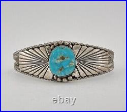 Vintage Navajo Sterling Silver Blue Gem Turquoise Stamped Twist Cuff Bracelet