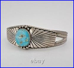 Vintage Navajo Sterling Silver Blue Gem Turquoise Stamped Twist Cuff Bracelet