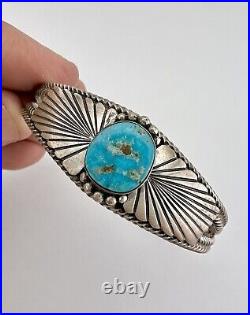 Vintage Navajo Sterling Silver Blue Gem Turquoise Stamped Twist Cuff Bracelet