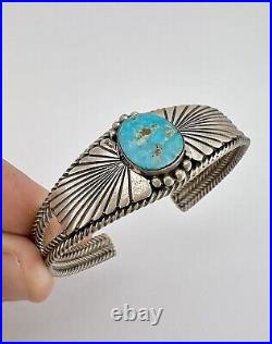 Vintage Navajo Sterling Silver Blue Gem Turquoise Stamped Twist Cuff Bracelet