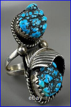 Vintage Navajo Sterling Silver Blue Spiderwebbed Kingman Turquoise Nugget Ring