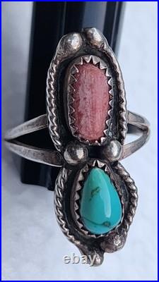 Vintage Navajo Sterling Silver Blue Turquoise & Red Coral CB Signed Ring Size 8