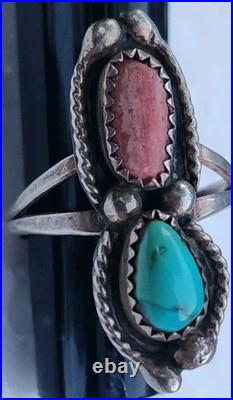 Vintage Navajo Sterling Silver Blue Turquoise & Red Coral CB Signed Ring Size 8