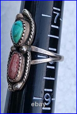 Vintage Navajo Sterling Silver Blue Turquoise & Red Coral CB Signed Ring Size 8