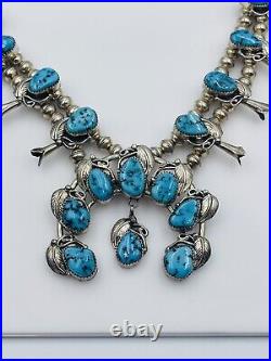 Vintage Navajo Sterling Silver Blue Turquoise Squash Blossom Necklace