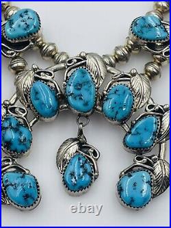 Vintage Navajo Sterling Silver Blue Turquoise Squash Blossom Necklace