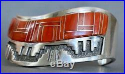 Vintage Navajo Sterling Silver Channel Coral Inlay Cuff Bracelet Tommy Jackson