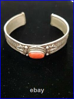 Vintage Navajo Sterling Silver Coral Cuff Bracelet 6.5 Unmarked 22.7 Grams