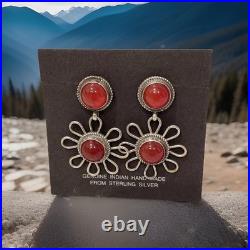 Vintage Navajo Sterling Silver Floral Natural Red Stone Earrings 1980s-1990s