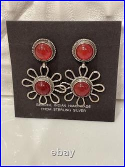 Vintage Navajo Sterling Silver Floral Natural Red Stone Earrings 1980s-1990s