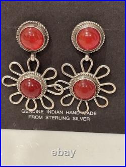 Vintage Navajo Sterling Silver Floral Natural Red Stone Earrings 1980s-1990s