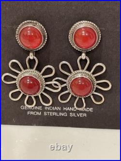 Vintage Navajo Sterling Silver Floral Natural Red Stone Earrings 1980s-1990s
