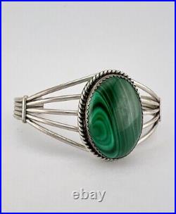 Vintage Navajo Sterling Silver Green Malachite Wide 5 Shank Cuff Bracelet