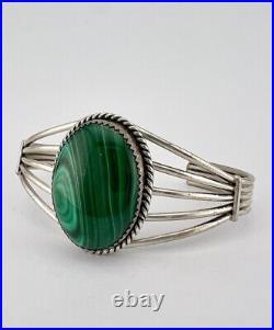 Vintage Navajo Sterling Silver Green Malachite Wide 5 Shank Cuff Bracelet