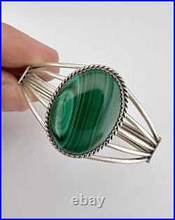 Vintage Navajo Sterling Silver Green Malachite Wide 5 Shank Cuff Bracelet