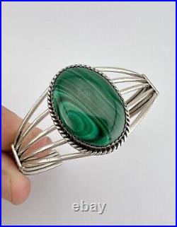 Vintage Navajo Sterling Silver Green Malachite Wide 5 Shank Cuff Bracelet