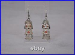 Vintage Navajo Sterling Silver Kachina Earrings Coral 2.5 Drop Dangles